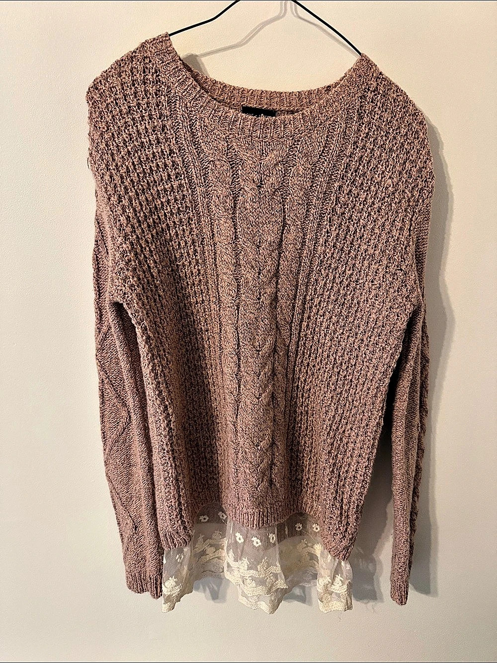 Love & Liberty Cable Knit Lace Hem Sweater in Pink